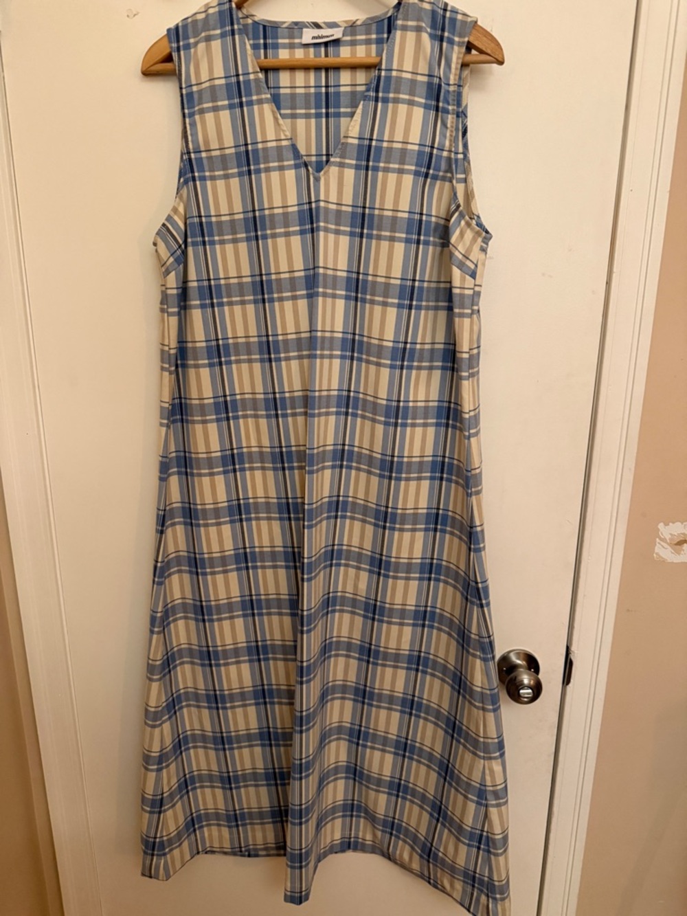 Minimum Denmark Plaid Midi Dress L Blue Cream Minimalist Scandi